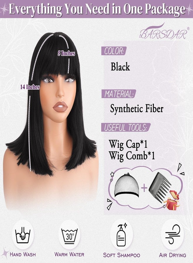 BARSDAR Short Black Bob Wig With Bangs - Black Bob Wig With Bangs for Women - 14 Inch Natural Looking Thick Soft Synthetic Hair Replacement Wigs Daily Party Halloween Retro Costume Wigs - Image 2